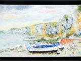 a painting of a boat on the beach by the water