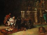 a painting of a woman reading a book in a living room