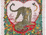 un tableau représentant un léopard assis sur un coussin rouge