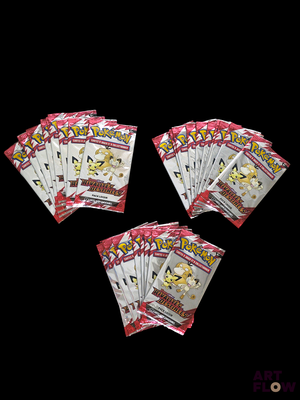 four packs of pokemon playing cards sitting on top of each other