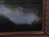 an oil painting of a lake with a mountain in the background