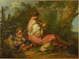 une image représentant un tableau où l'on voit une femme jouant de la flûte avec deux enfants