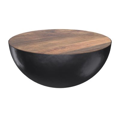 une image représentant une table ronde en bois avec un piètement en métal noir