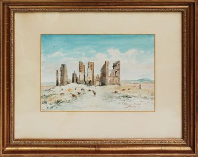 a painting of an old castle in the middle of a desert