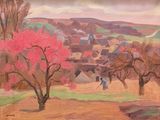 une peinture à l'huile représentant une personne marchant sur un chemin dans un champ