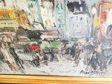 une peinture d'une rue de la ville avec des gens qui marchent dessus