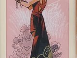 painting of a woman in a red dress holding a fan