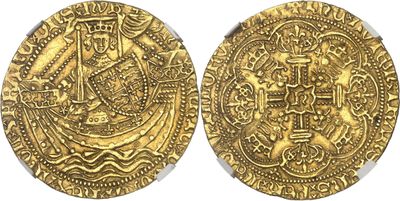 two gold coins, one of which has a man on it