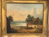 an old painting of a farm scene with a man and a dog in the foreground