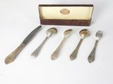 six spoons and a knife in a wooden box on a white surface