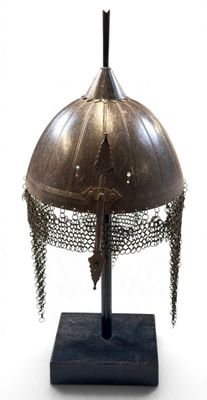 helmet on a stand on a white background with a white background
