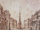 drawing of a street with buildings and a clock tower in the distance