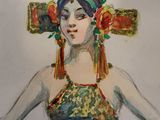 a painting of a woman in a blue dress holding a fan