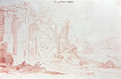 an old drawing of a castle with a tower in the background