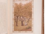 an open book with a picture of a woman in a garden