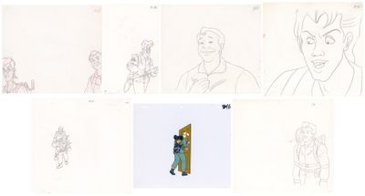 several drawings of a man standing in front of an open door