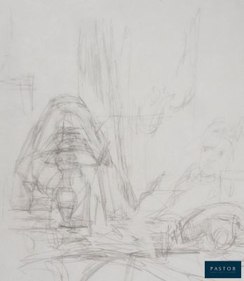 drawing of a man sitting on a bench in a park next to a tree