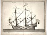 an old drawing of a sailing ship on a body of water
