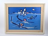 painting of a painting of a boat in a body of water with sailboats in the background