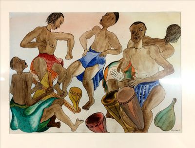 un tableau représentant un groupe d'hommes en train de jouer à un jeu