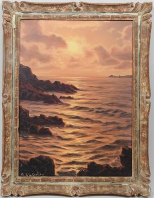 une peinture à l'huile représentant un coucher de soleil sur une étendue d'eau
