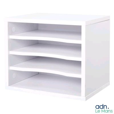 a picture of a white shelf with four shelves