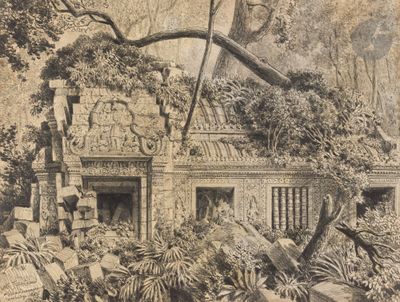 un dessin représentant une maison au milieu de la jungle