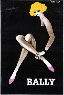 a black and white photo of a woman with yellow hair and pink shoes