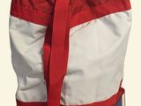 a red, white and blue backpack with a flag on it