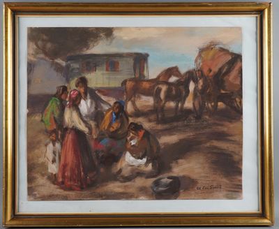 painting of two women and a dog in front of a horse drawn carriage