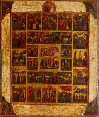 une vieille peinture représentant un mur orné de nombreuses icônes religieuses