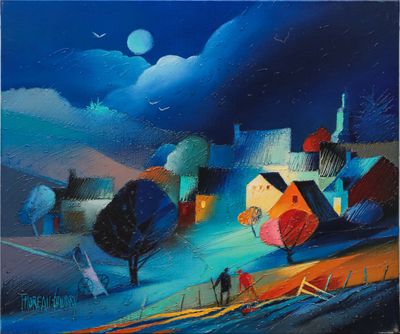 painting of a painting of a village at night with people walking in the snow