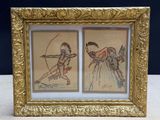 two framed drawings of a man and a woman with bows and arrows