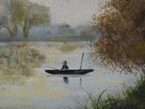 a painting of a man in a boat on the water