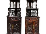 pair of antique carved wood corner cupboards with glass doors