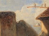 a painting of a bird perched on a roof
