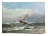 peinture représentant un navire sur une mer agitée, avec le ciel en arrière-plan