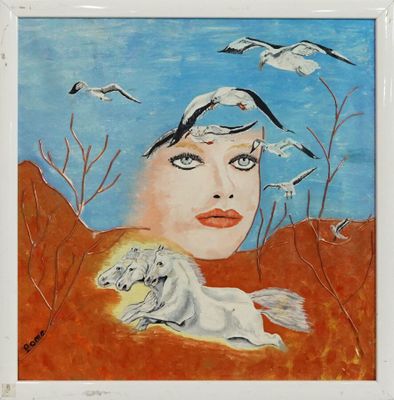 une image représentant un tableau où l'on voit une femme et un chien dans le désert