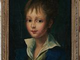a painting of a boy in a blue jacket and white shirt