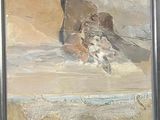 a picture of a painting of a dog on the beach