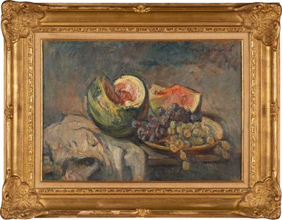 tableau représentant une nature morte composée de fruits et de raisins posés sur une table