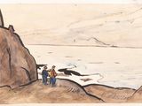 drawing of two men standing on a rocky beach next to a body of water