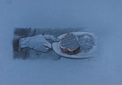 dessin représentant une personne tenant une assiette sur laquelle se trouve une part de gâteau