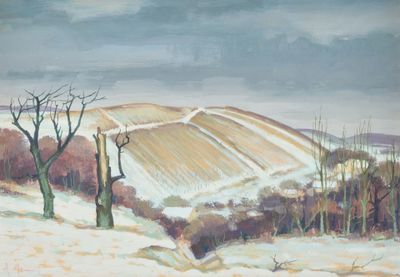 peinture représentant un paysage enneigé avec des arbres et une colline au loin