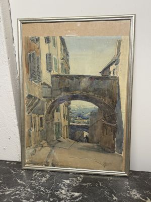 une image représentant une peinture d'une rue avec un bâtiment en arrière-plan