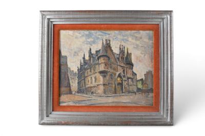 an oil painting of a building with a clock on it