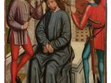 an image of a painting of a man sitting on a bench next to other men