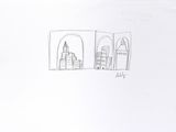 drawing of a picture of a view of a city with a clock tower in the distance