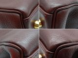 four different shots of a brown leather bag with gold handles