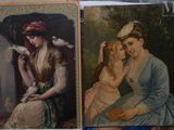 two pictures of a woman and a child with birds on them